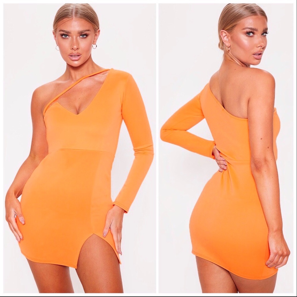 PLT Tangerine One Shoulder V Plunge Bodycon Dress